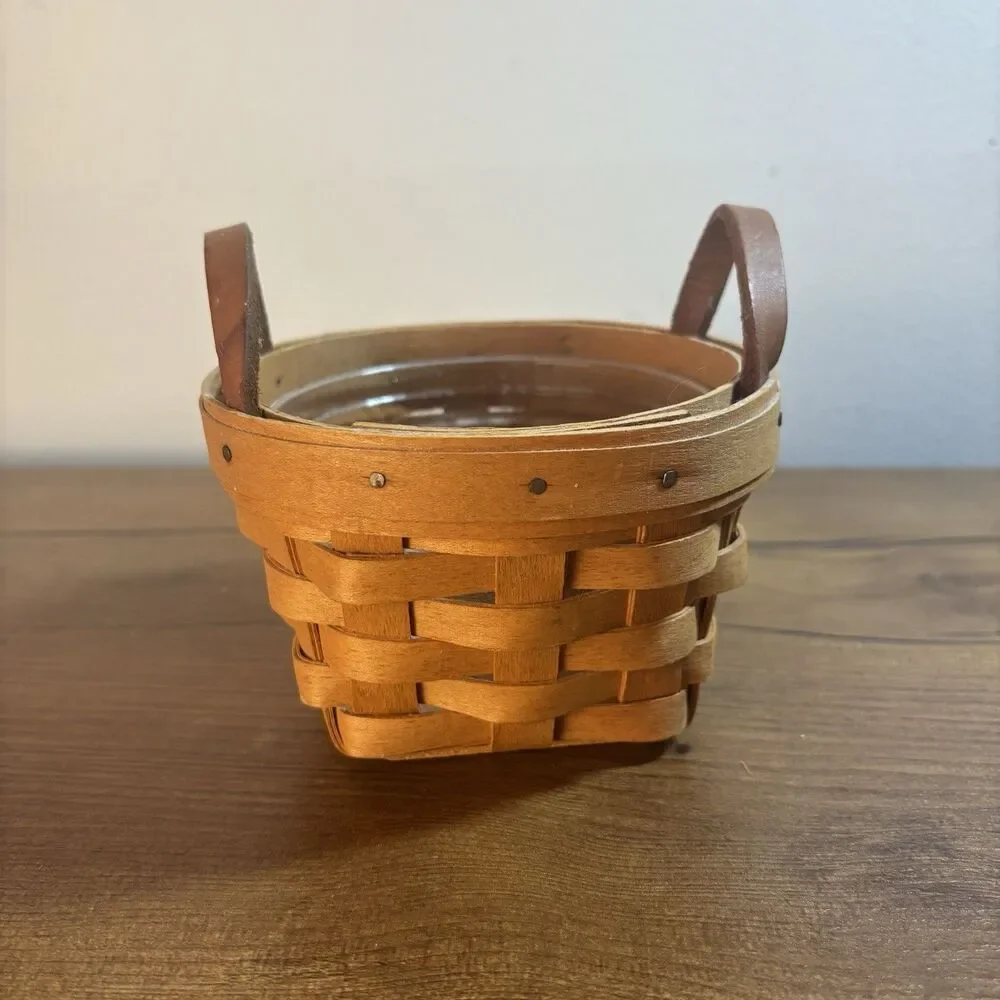 Longaberger 1998 Round Button Basket with Leather Handles and Plastic Protector